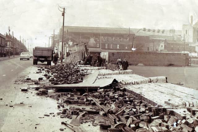 Sheffield Hurricane damage in February 1962 on the Shoreham Street side of Bramall Lane Ground