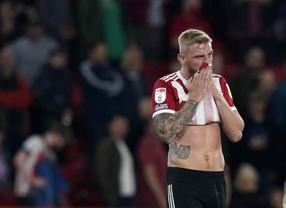 Oli McBurnie of Sheffield United looks on dejected after the final whistle: Simon Bellis / Sportimage