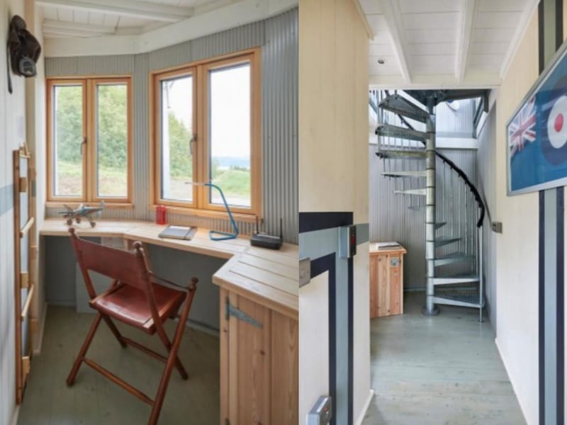 A spiral staircase takes you up to the first floor living area, which includes a desk for writing your postcards.