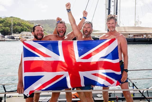 Team Elijah's Star celebrate after completing the 3,000-mile Talisker Whisky Atlantic Challenge in memory of Sheffield baby Elijah, raising nearly £200,000 for Action Medical Research (pic: Atlantic Challenge)