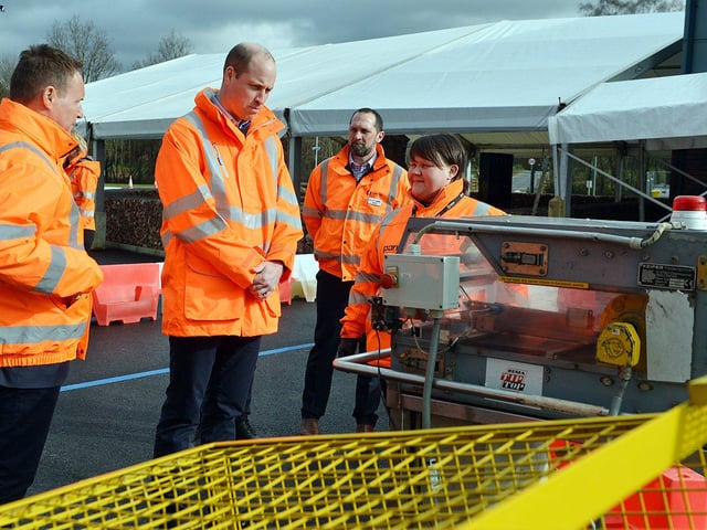 The Duke of Cambridge visits Tarmac's national skills and safety park to officially open the centre. The Duke of Cambridge being shown the conveyor belt safety device by trainer Katie Barrett.