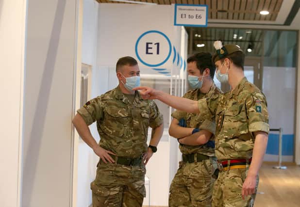 Military personnel, who are assisting with the vaccination programme, at the Royal Highland Showground near Edinburgh.