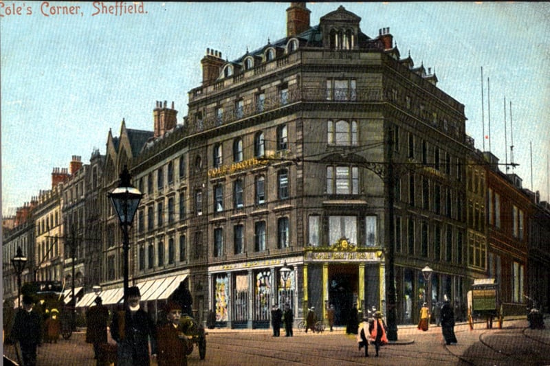 Cole Brothers Department Store, Fargate/Church Street from High Street, pictured in the 1910s. They moved to their Barker’s Pool site in 1963. This corner was a famous meeting place for courting couples. Ref no: s10507