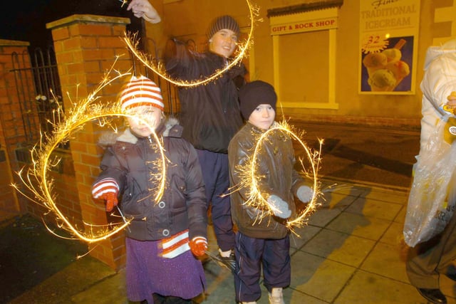 Fun with sparklers outside the rock shop at Seaton Carew in 2008.