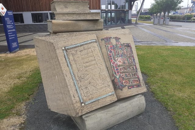 This riverside sculpture at St Peter's Campus, part of the University of Sunderland, marks the efforts of Mackem and scholar the Venerable Bede known as the greatest  Anglo-Saxon scholar. He wrote around 40 books dealing with theology and history.