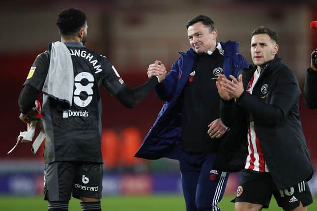 Sheffield United manager Paul Heckingbottom with Wes Foderingham and Billy Sharp after the win over Blackburn Rovers: Isaac Parkin / Sportimage