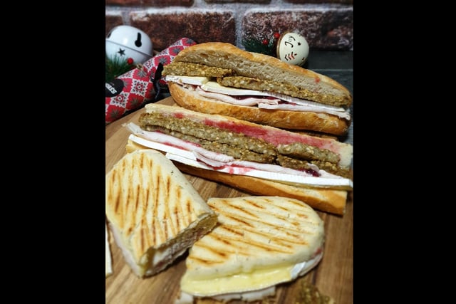 Andre's Food Bar, Southsea. Festive baguette with Turkey breast, cranberry sauce, sage and onion stuffing.
The festive panini isTurkey breast, brie, sage and onion stuffing, cranberry sauce