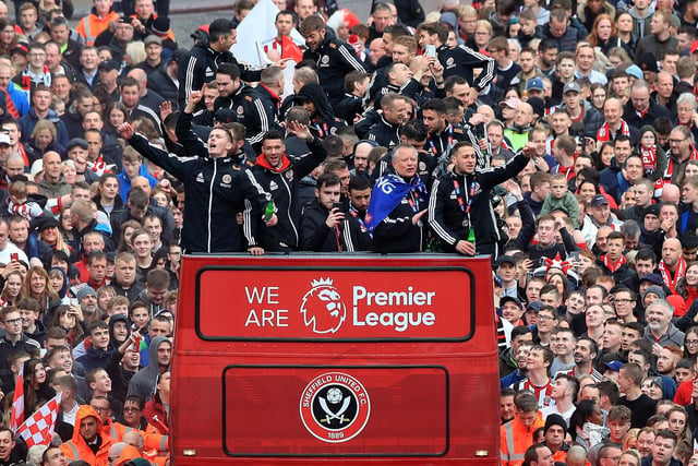 The Sheffield United players and manager Chris Wilder wave to the fans during the promotion parade in Sheffield City Centre, May 7, 2019. PIcture: Danny Lawson/PA Wire
