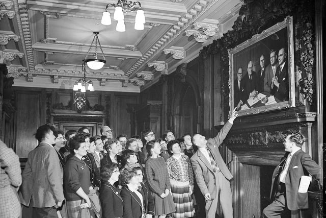 Shetland school children visited The Scotsman newspaper office after getting off school ship at Leith in May 1961. They are pictured looking at a portrait of Scotsman owner Roy Thomson and colleagues.