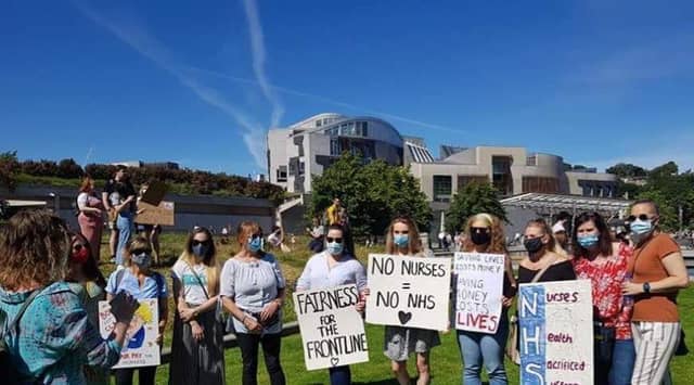 Edinburgh NHS workers protest outside the Scottish Parliament on Saturday, August 8 to demand a 15 per cent pay rise for healthcare staff