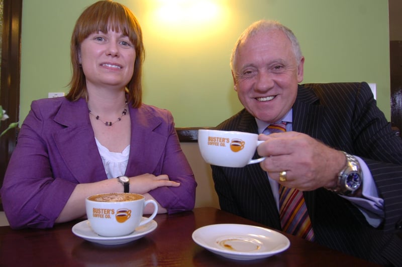 Harry Gration samples the coffee at the new Busters Cafe at Grenoside with Angela Carradice