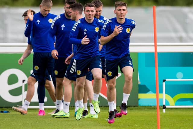 DARLINGTON, ENGLAND - JUNE 17: Billy Gilmour and John Fleck (second right) during a Scotland training session at Rockliffe Park, on June 17, 2021, in Darlington, England. (Photo by Ross Parker / SNS Group)