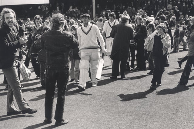 Geoff Boycott and Richard Lumb take to the field for their final innings at Bramall Lane, Sheffield, on August 7, 1973