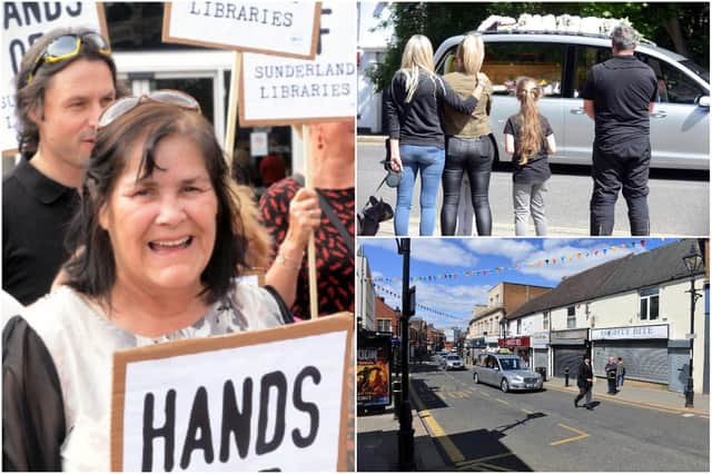 Sheila Quigley, pictured as she campaigned to keep libraries across Sunderland open in 2013, and photos taken in Houghton of her funeral procession.