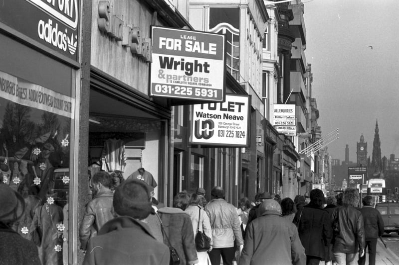 Shops For Sale or To Let signs in Princes Street Edinburgh, February 1984.