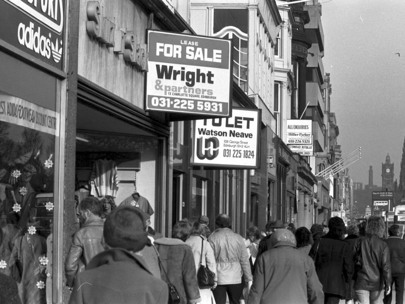 Shops For Sale or To Let signs in Princes Street Edinburgh, February 1984.
