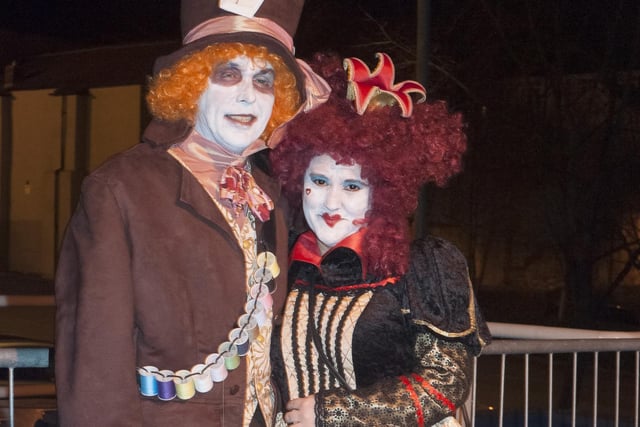 Mandy Thickett and Nick Smith as The Mad Hatter and the Queen of Hearts at Sheffield's Biggest Fancy Dress Ball in The Hubs, Hallam University, Paternoster Row, Sheffield in April 2013