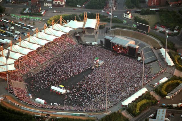 An aerial view of a Tina Turner concert at Sheffield Don Valley Stadium