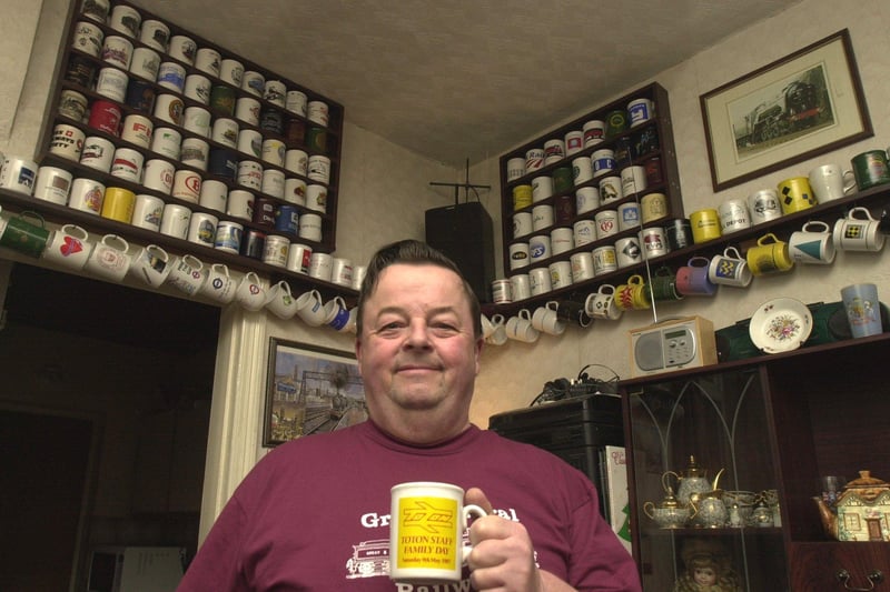 Brian Green of Leppings Lane, Hillsborough with the mug that started off his collection of railway mugs, pictured in January 2004