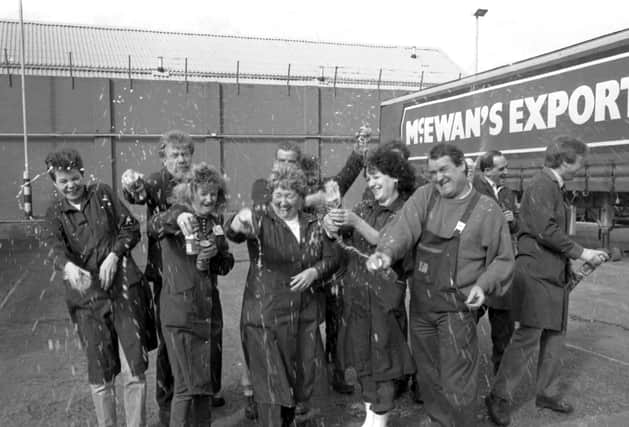 Australian company Elders IXL, were planning a merger with Scottish & Newcastle Breweries in 1988. S&N employees at Fountainbridge in Edinburgh celebrate the news that the bid had failed in March 1989.