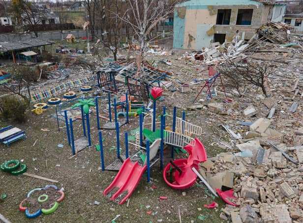 A bombed kindergarten building in Ukraine