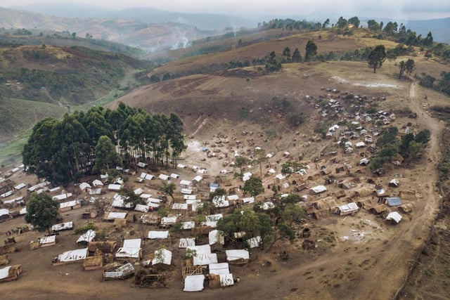 This aerial view shows the internally displaced persons (IDP) camp of Bijombo, South Kivu Province, eastern Democratic Republic of Congo, on October 9, 2020.