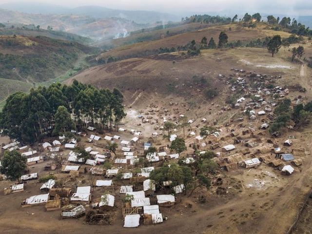 This aerial view shows the internally displaced persons (IDP) camp of Bijombo, South Kivu Province, eastern Democratic Republic of Congo, on October 9, 2020.