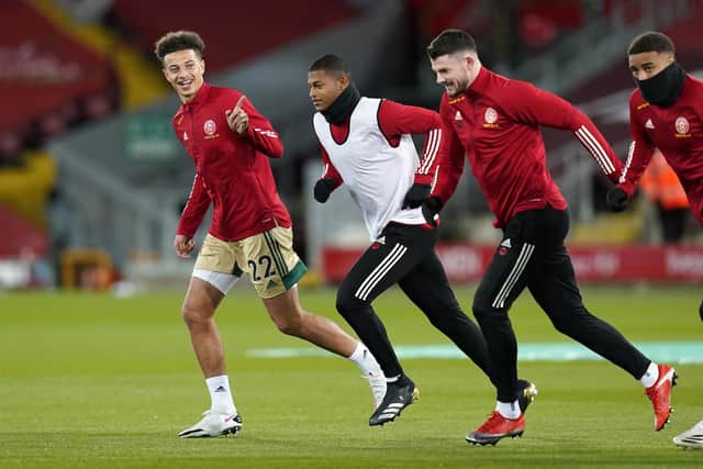 Sheffield United's Ethan Ampadu (L) before the match at Liverpool: Andrew Yates/Sportimage
