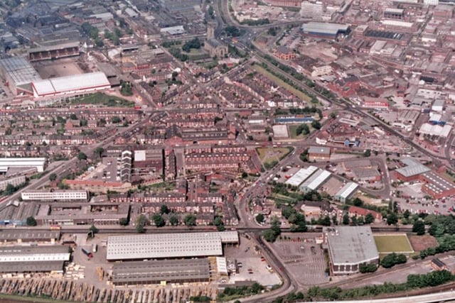 This aerial view of Sheffield from 1994 shows Sheffield United's Bramall Lane stadium in the top left