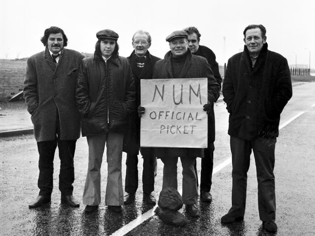 The NUM official picket outside lady Victoria colliery in Midlothian during the miners' strike of February 1974.