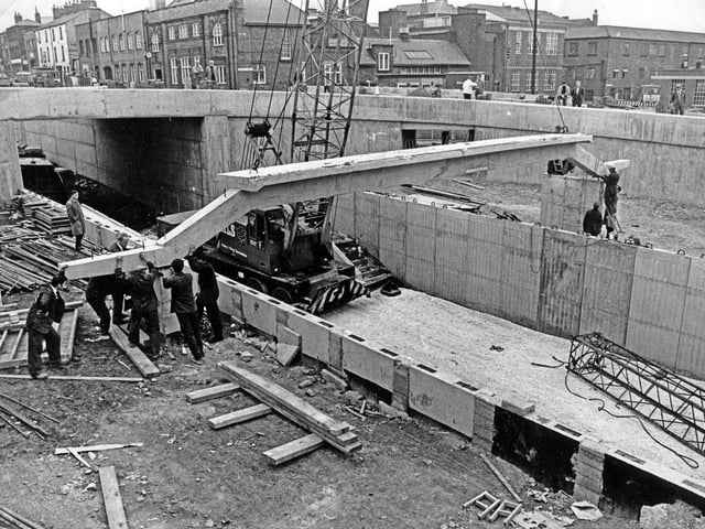 Furnival Street new footbridge under construction in 1966. This has been well-used throughout the decades as it connects shoppers between key retail hubs in the city centre.