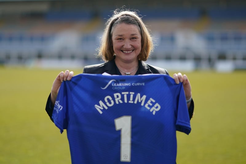 Jill Mortimer, Conservative party candidate for Hartlepool, holding up her own Hartlepool United Football Club shirt, during a visit to Hartlepool United Football Club , in Hartlepool, ahead of the May 6 by-election. Picture date: Friday April 23, 2021.
