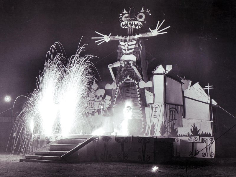 The giant Evil Wicker Man dominates this massive set piece of a bonfire night event at Hurlfield Campus, Sheffield on November 5, 1984