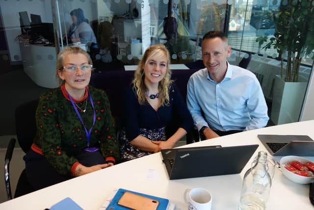 Business engagement director Lucy Pryor, operations manager Cherry Limb and James Fox, co-founder and commercial director at 3Squared.