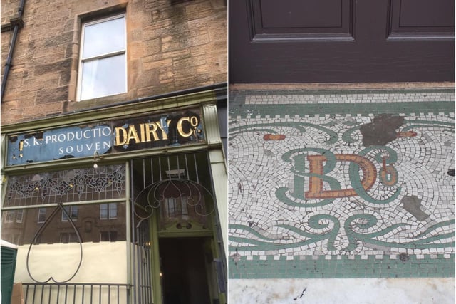 The old Buttercup Dairy Co sign uncovered during a refurb in Marchmont's Warrender Park Road, and ceramic entrance tiling from another Buttercup shop in Great Junction Street.