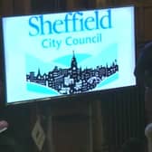 Rob Reiss presenting his road safety petition for Fox Hill Road in the Sheffield Council chamber during the full council meeting at the Town Hall.