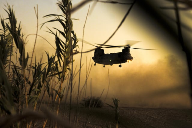 A Royal Air Force Chinook takes off during an exercise whilst practising dust landings.  The Chinook helicopter is a highly capable and versatile aircraft that can cope well in many diverse environments, including the harsh conditions of Afghanistan.  Chinook helicopters can be used for search and rescue, troop insertion, casualty evacuation and supply.  They are capable of carrying up to 55 troops or 10 tonnes of freight (up to five Land Rovers - two internal and three as under slung loads).  The helicopter has a twin rotor design which enables it to carry a 'payload' equivalent to its own weight.