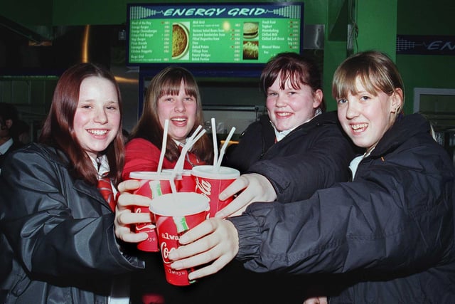 Thumbs up from, left to right, Samantha Rice, 14, Samantha Broddle, 13, Kelly Turton,13 and 14 year old Michelle Casril at Kimberworth Comprehensive School in 2000