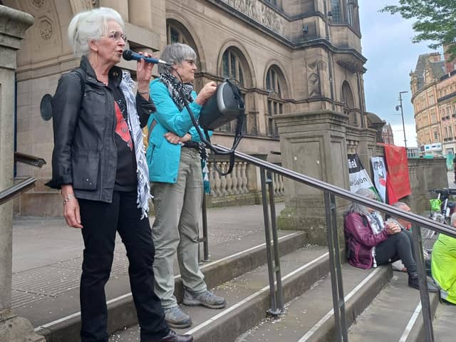 Annie O'Gara of the Sheffield Palestine Coalition Against Israeli Apartheid speaking at a rally held outside Sheffield Town Hall to mark Nakba Day (May 15) and the annual meeting of Sheffield City Council. Picture: Julia Armstrong, LDRS