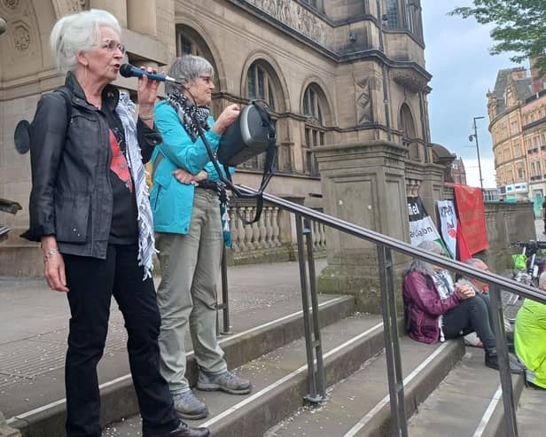Annie O'Gara of the Sheffield Palestine Coalition Against Israeli Apartheid speaking at a rally held outside Sheffield Town Hall to mark Nakba Day (May 15) and the annual meeting of Sheffield City Council. Picture: Julia Armstrong, LDRS