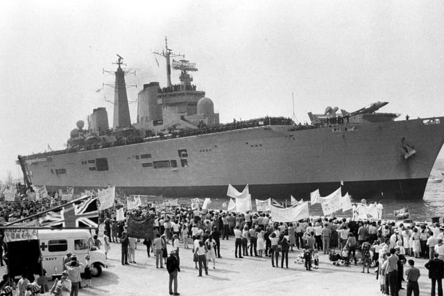 Entering the harbour is HMS Invincible getting a warm welcome back from the Falklands in 1982. The News PP4870