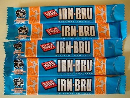 Two of Scotland's favourite things combined. Irn Bru bars were a childhood favourite and the root cause of many a tooth filling. 