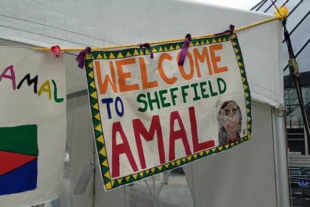 An art piece displayed in Crucible Corner to welcome Little Amal to Sheffield.