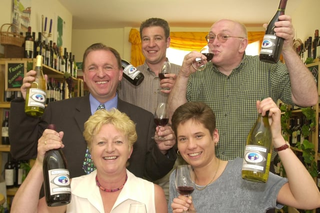 Chesterfield FC wine launched at Glumangate Wines.. Back row left to right - Howard Borrell, Philip Pringle, Geoff Mitchell. Front row left to right - Margaret Rankin and Amanda Reed.