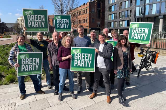 Sheffield Green Party local election candidates for 2022 in the city centre at the Grey to Green scheme area.