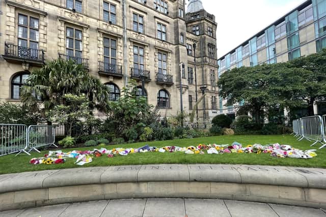 The floral tributes left to The Queen in Sheffield's Peace Gardens