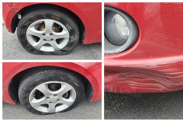 The driver of this car was arrested and found to be over the limit after the vehicle was seen mounting the kerb and bursting two tyres in Sheffield