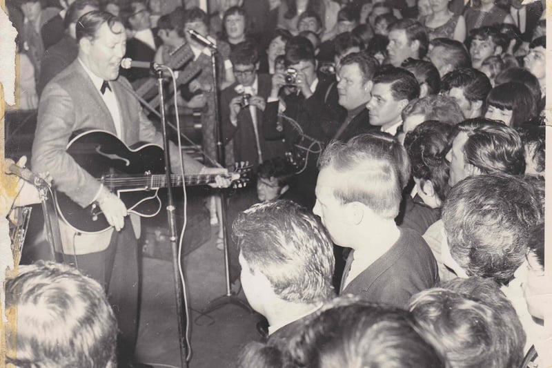 Bill Haley onstage at Chesterfield in front of a packed Victoria Ballroom, Chesterfield in April, 1969.