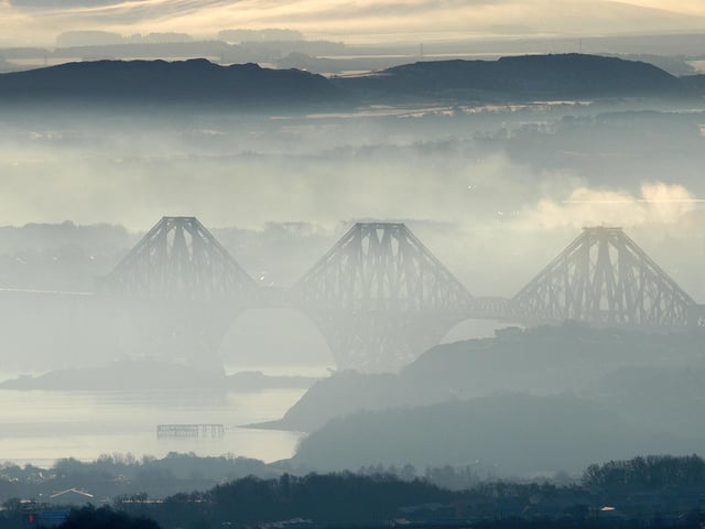 Forth Bridge (plus the two road bridges) from the top of Hill of Beath in Fife earlier - the January weather was freezing but still and the visibility was excellent.
