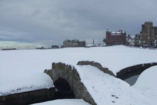St Andrews'  Old Course in the snow, with the famous Swilken Bridge in the foreground. 